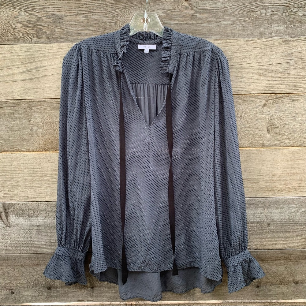 Reiss Blouse Womens 2 Silk Blue Long Sleeve Swiss Dot Ruffle Vneck